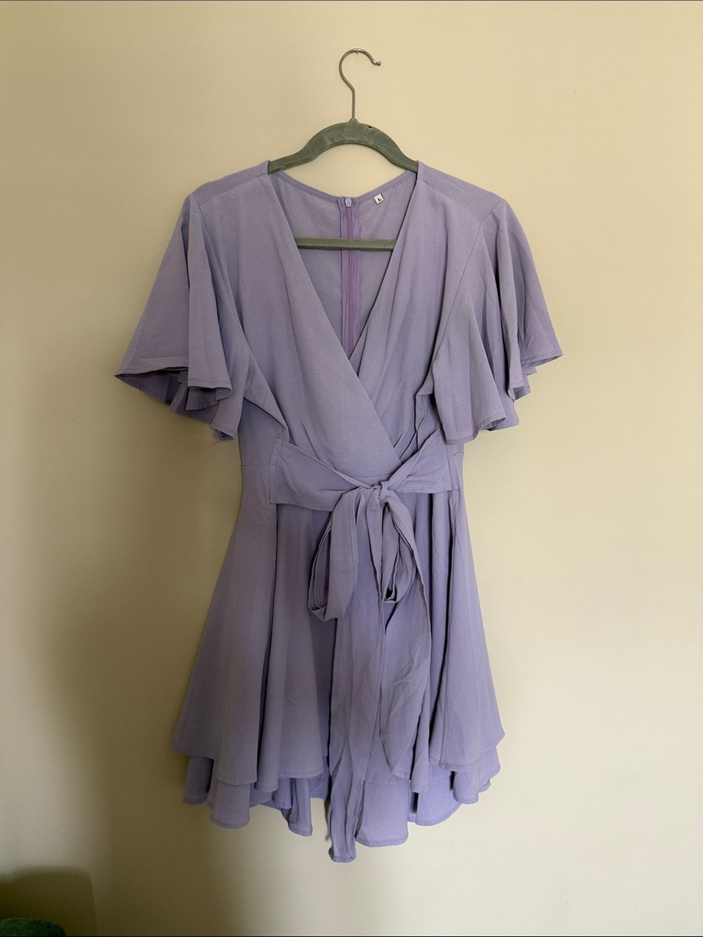 Lilac Tie-Waist Mini Dress with Flutter Sleeves